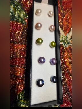 Multicolor cushion pearl earrings sterling silver  gift set genuine pearls